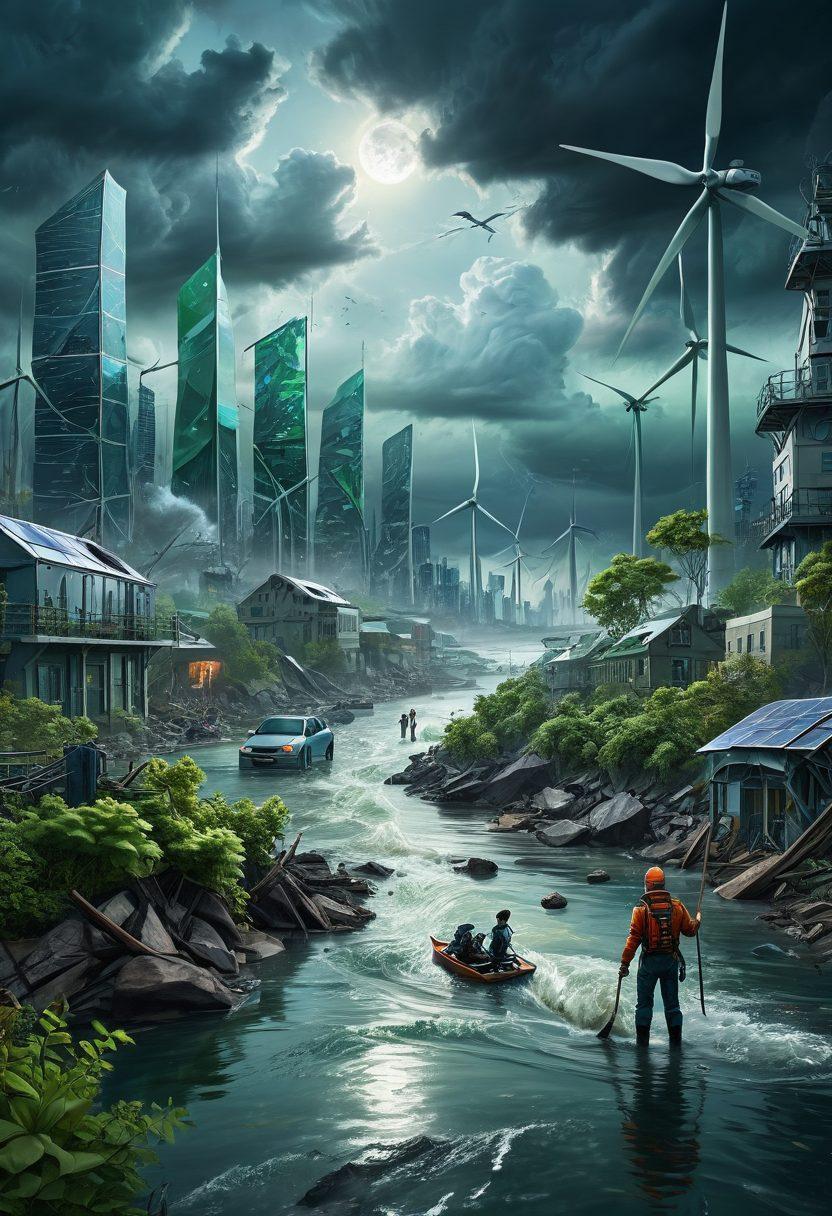 A striking hentai illustration depicting a vibrant, futuristic city being engulfed by rising waters and fierce storms. The foreground features characters expressing a sense of urgency, holding eco-friendly tools and symbols of hope, like solar panels and wind turbines. In the background, an ominous skyline contrasts with lush green spaces, highlighting nature's resilience. The color palette features dramatic stormy blues and bright greens, emphasizing the urgency of climate change. vibrant colors. super-realistic. digital art.