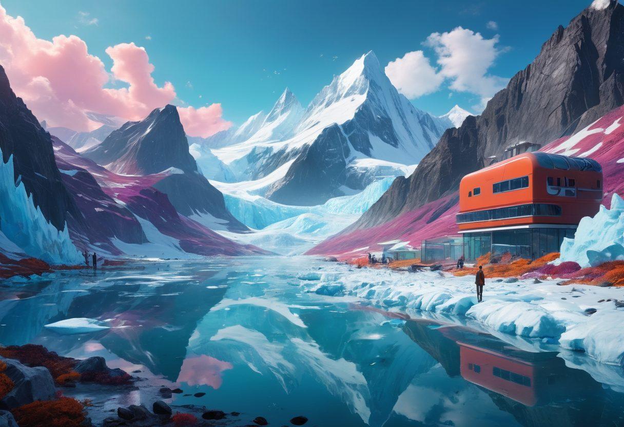 A surreal landscape merging hentai art with elements of climate change; vibrant, colorful characters engaged in playful scenarios amidst melting glaciers, vibrant flora fighting against pollution, and futuristic cities powered by clean energy. Bright contrasts highlighting the impact of climate change on the adult entertainment industry. surrealism. vibrant colors. 3D.